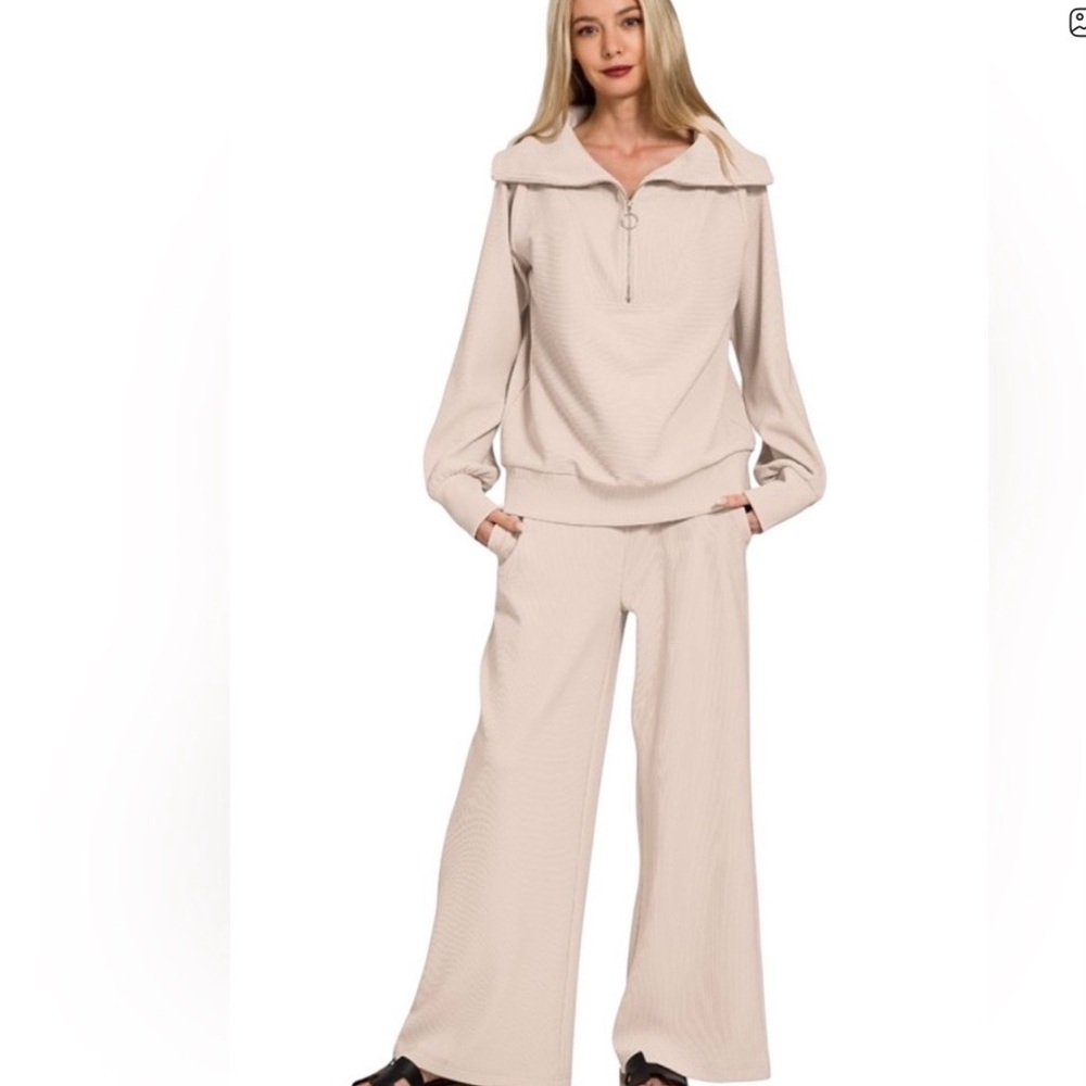 Women's Cream Ribbed Half-Zip Pant Set, L. Wide legs, stretch NEW
